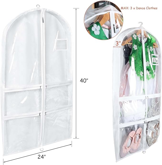 Syeeiex 3" Gusseted Dance Costume Garment Bag(2 Pack), 40'' Dance Garment Bags for Dancers with 4 Zipper Pockets & Can Hold 1-3 Dance Costumes - Suitable for Dance Competitions, Ballet(White)