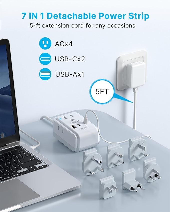 Universal Travel Adapter Kit, VINTAR 35W 5FT Detachable Extension Cord with 4 AC and 3 USB Ports(2 USB-C), Type A, C, D, G, I, M International Power Adapter for EU/India/South Africa