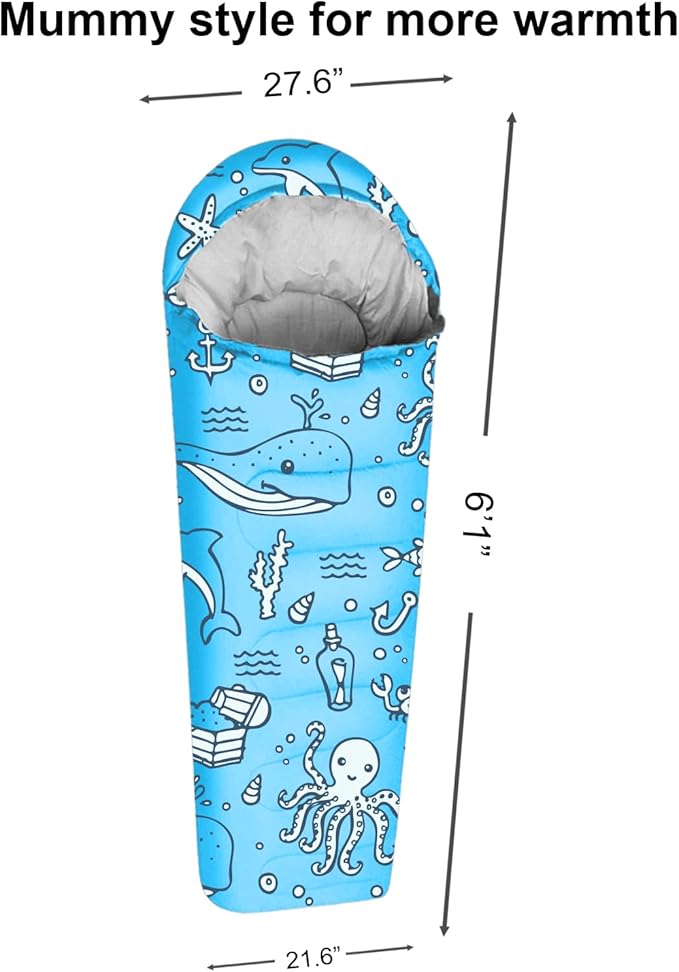 KidzAdventure Mummy Style 32 – 59F Kids Sleeping Bag with Pillow Sleeve, 4 Season, Lightweight and Backpacking Style, Ideal for Camping, Sleepover, Boys, Girls, Youth and Toddlers