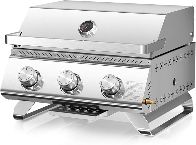 R.W.FLAME Premium 3 Burner Tabletop Propane Gas Grill Stainless Steel Portable Outdoor BBQ Grill with Griddle,24,000 BTU Multi-Zone Cooking,Built-in Thermometer,Backyard,Camping & Patio Gatherings