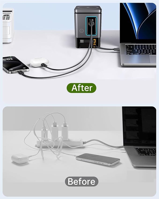 Retractable Charger with Wall Plug, 105W GaN 6-in-1 Charging Station with Magnetic Pad – MagSafe Compatible USB-C/Type-C Fast Charging Charger for iPhone, AirPods, MacBook