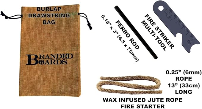 Portable Bushcraft Stainless BBQ Cooking Grill Grate, Bamboo Cutting Board, Burlap Bag, Mini Knife, Fire Starter Kits. Camping, Campfires, Backpacking, Hunting & Fishing Gear