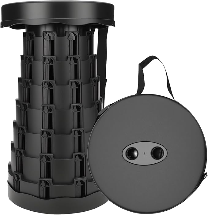 Upgraded Collapsible Stool - Adjustable Height (2.3"-17.3") -Second Fold, Portable Heavy Duty Folding Stool for Adults, 600lb Capacity - Compact to-Go Camping, Fishing, Outdoor Seat (Black)