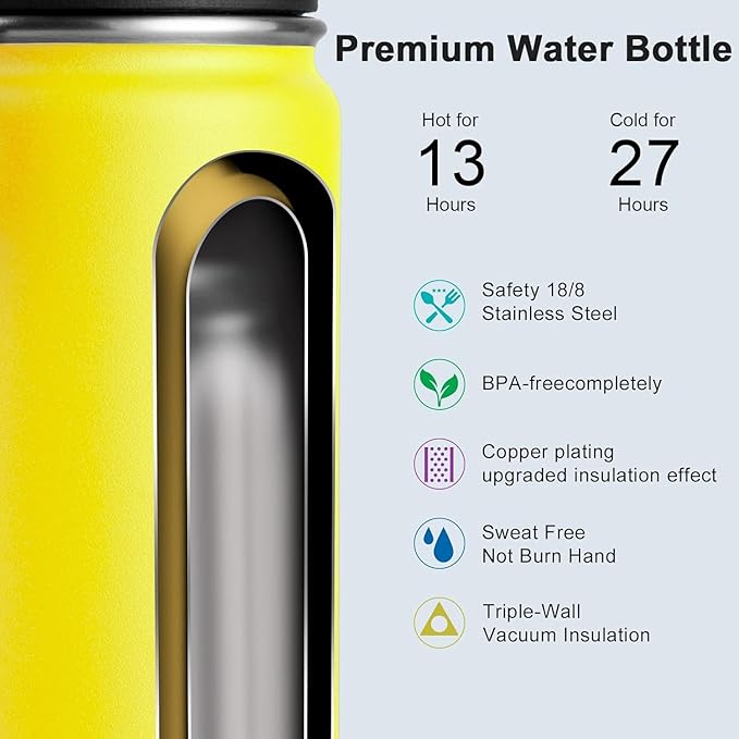koodee Small Water Bottle for School-12 oz Stainless Steel Triple Wall Vacuum Insulated Wide Mouth Bottle with Leakproof Spout Lid (Yellow)