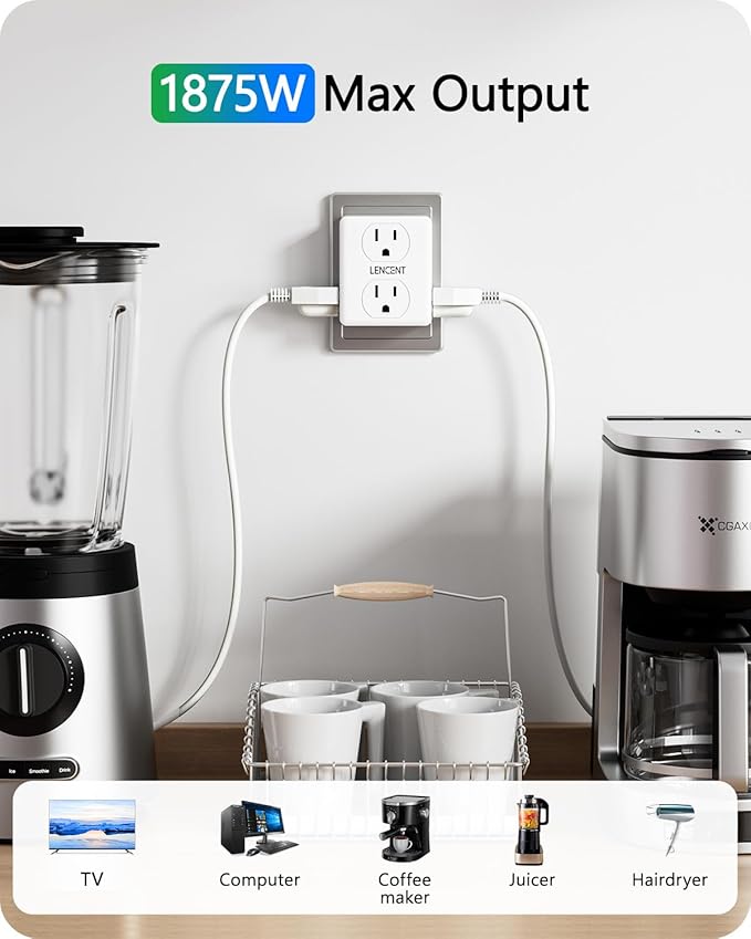 LENCENT 2 to 3 Prong Outlet Adapter, 2 Prong Power Strip, 6 Widely Spaced Outlets Extender, 3-Sided Wall Plug Splitter, 1875W Max, Compact Wall tap for Non-Grounded Outlets in Old House Hotel Dorm