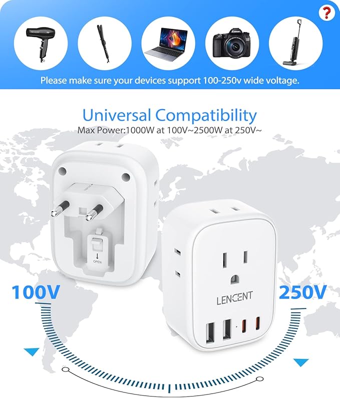 LENCENT 3 Pack European Travel Plug Adapter,US to Europe Type-C Foldable Power Plug with 4 Outlets 4 USB Ports (2 USB C), International Power Adapter for USA to EU Euro Iceland Spain Italy France