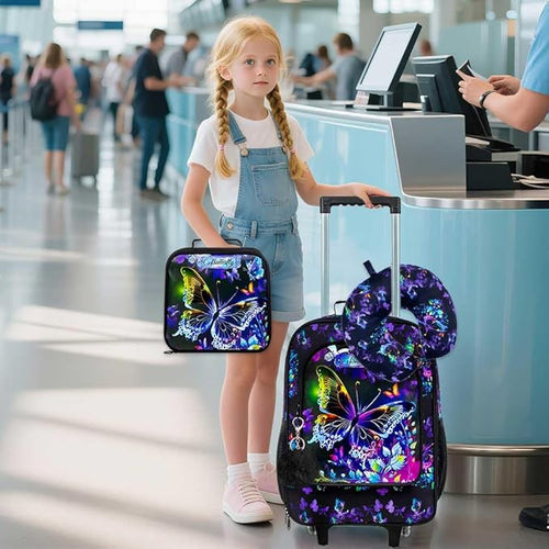 18" Kids Suitcase for Girls, 5Pcs Carry on Luggage With Wheels, Butterfly Suitcases for Toddler Children(Black)