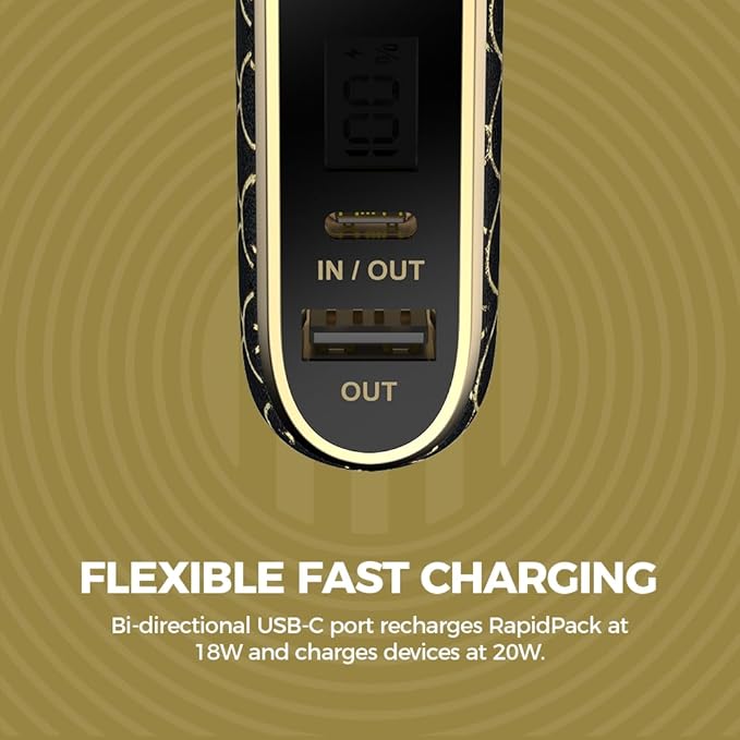 Halo RapidPack 10K DLX Power Bank | USB & USB-C Fast Charging for Multiple Devices, Smart Phones & Tablets, Synthetic Leather Wrapped, Portable Battery Charger, TSA Air Travel Approved — Black