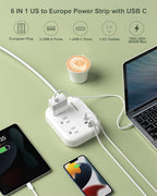 European Travel Plug Adapter, ROOTOMA 6ft International Power Strip 3 American Outlets, 3 USB Charger, US to Europe Plug Aadaptor, US to EU Power Adapter, for Spain France Germany Iceland, White