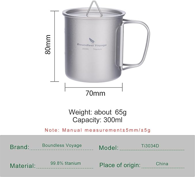 iBasingo 300ml Titanium Mug with Lid Tea Coffee Water Cup Outdoor Camping Pot Ultra-light Portable Hiking Backpacking Cooking Kit Picnic Tableware Drinkware with Foldable Handle Ti3034D
