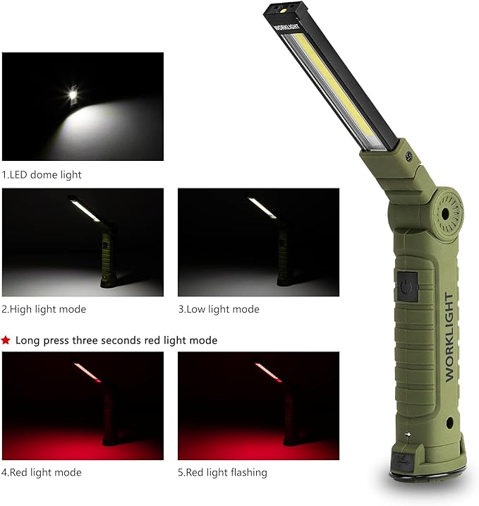 3 Pack Rechargeable LED Work Lights with Magnetic Base and 360° Rotation, 5 Modes for BBQ, Camping, Reading, and Car Repair