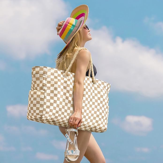 Becokan Beach Bags for Women Large Waterproof Beach Tote Bag Zipper Beach Bags Waterproof Sandproof Swim Pool Bag Large Tote