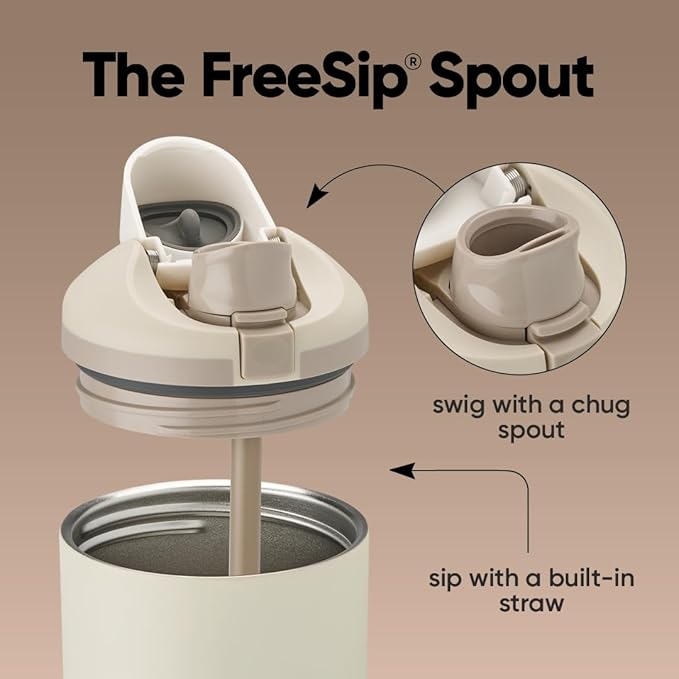 Owala FreeSip Tumbler Insulated Stainless Steel Water Bottle with Built-in Straw and Side Handle, For Travel, Work, School, and Sports, 40oz, BPA Free, Leak Proof, Lightly Toasted