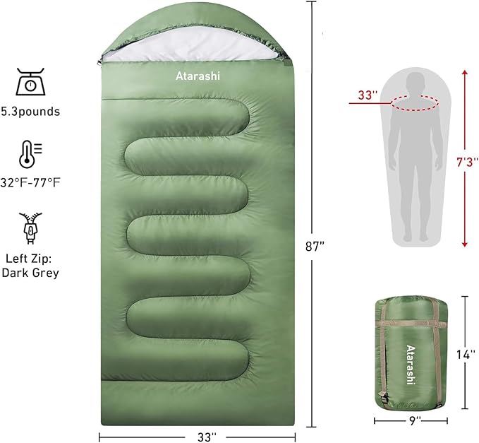 Atarashi Camping Sleeping Bag- 4 Seasons for Adults, Light, Warm, Extra-Large with Compression Sack- Great for Hiking, Backpacking & Outdoor Adventures