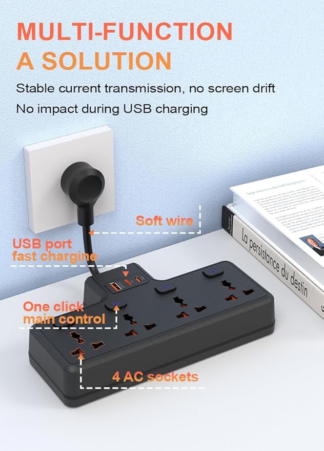 Wall Mount Power Strip with 4 AC Outlets & USB-C (20W) and USB Ports, Plug Extender with Individual Switches, Space Saving Multi Plug Outlet for Home, Office, Dorm & Travel, White