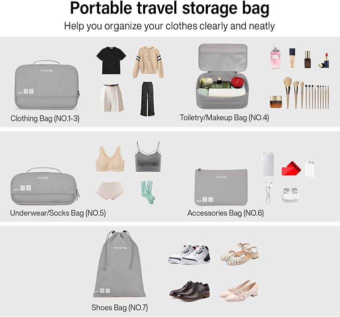 Compression Packing Cubes (Pack of 7), Expandable Luggage Organizer Bags, Hanke Packing Cubes for Travel, Double Zipper Durable Travel Packing Organizers for Suitcase Backpack and Carry-On