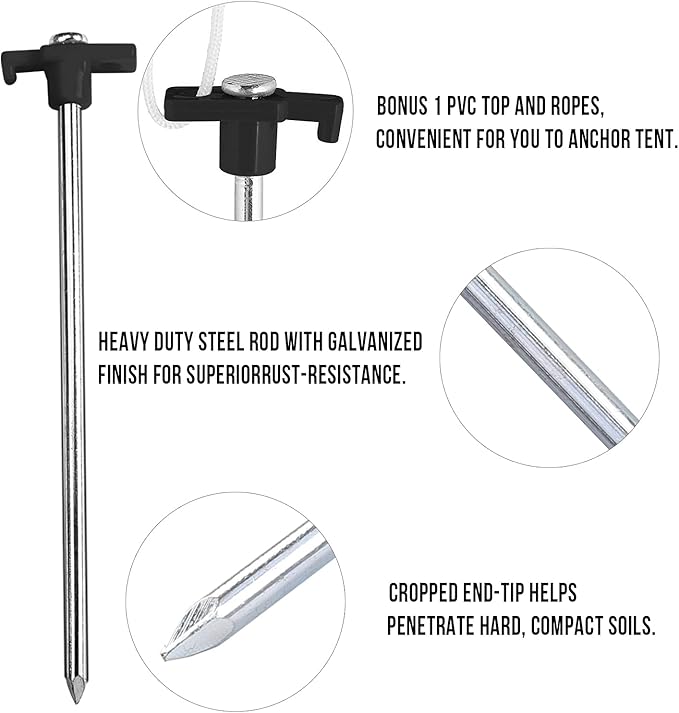 ABCCANOPY 15 Inch Tent Stakes 10 Pcs Non-Rust Metal Ground Anchors, Heavy Duty Spikes with 4 Ropes for Outdoor Camping, Black