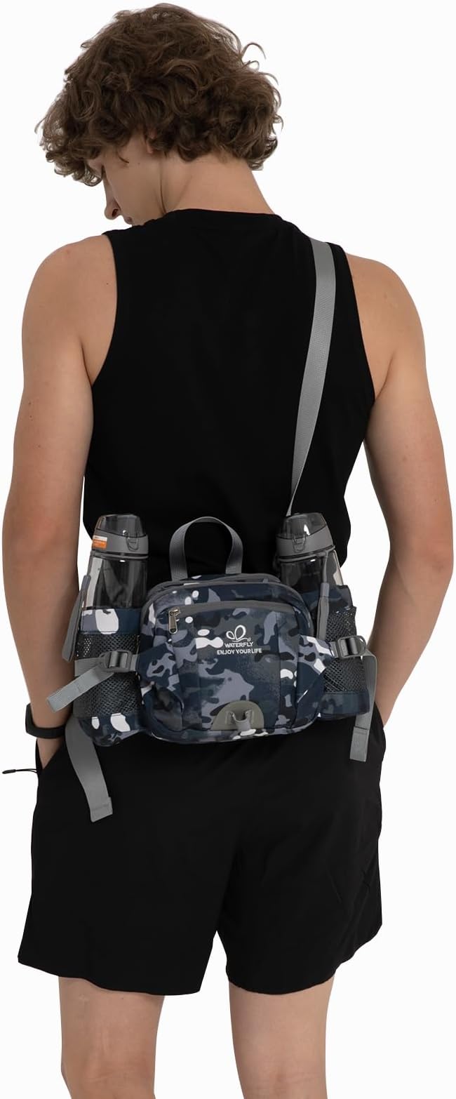WATERFLY Fanny Pack Waist Bag: Fannie Pack 2 Water Bottle Holders Lumbar Belt Hiking Walking Running Jogging Camping Large Woman Man (Bottle Not Included)