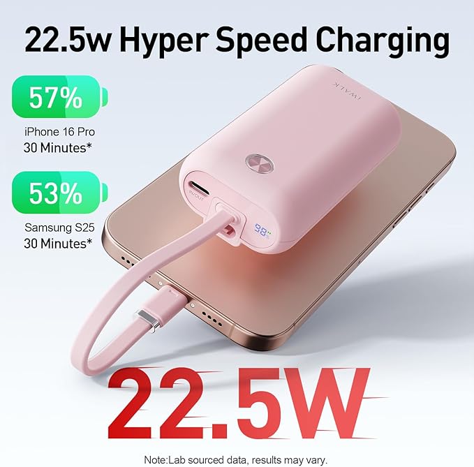 iWALK Mini Portable Charger 10,000mAh, 22.5W USB-C Fast Charging Power Bank with Built-in Cable, Travel Essential Ultra-Small Battery Pack Compatible for iPhone 16/16 Pro/15, Samsung, Google, Pink