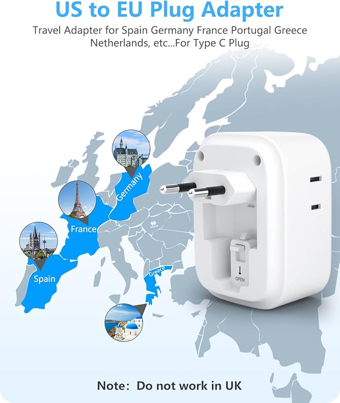LENCENT European Travel Plug Adapter, PD 45W Type C Foldable Power Plug with 4 Outlets 4 USB Ports, USB Fast Charger Adaptor, Power Adaptor for US to Most of Europe EU Spain Italy France Germany