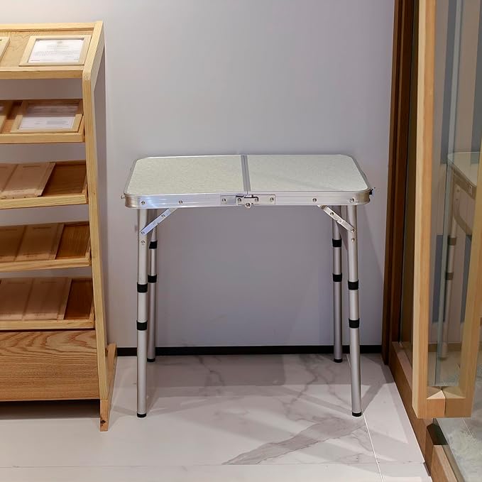 Small Folding Camping Table, 2ft Portable Picnic Table Aluminum 24" x 16" Folding Table, 3 Adjustable Heights Portable Lightweight Table Dining Table for RV, Picnic, Beach (White)