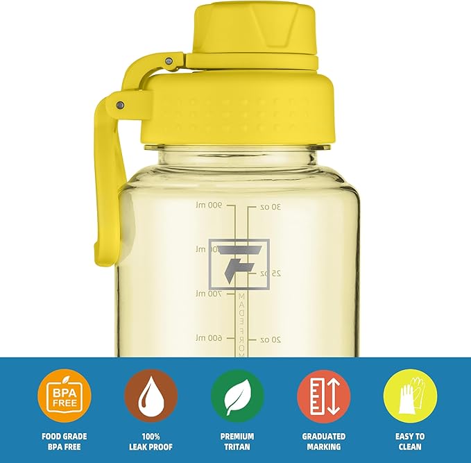 Fanhaw 32 oz Clear Water Bottle with Fast-Flow Spout Lid, BPA-Free Tritan, Wide Mouth, Leakproof, Reusable Bottle for Gym, School, Office, Travel (Imperial Yellow)