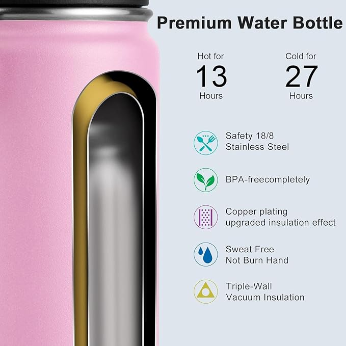koodee Insulated Water Bottle, 22 oz Stainless Steel Double Wall Vacuum Wide Mouth Sport Bottle with Leakproof Spout Lid (Pink)