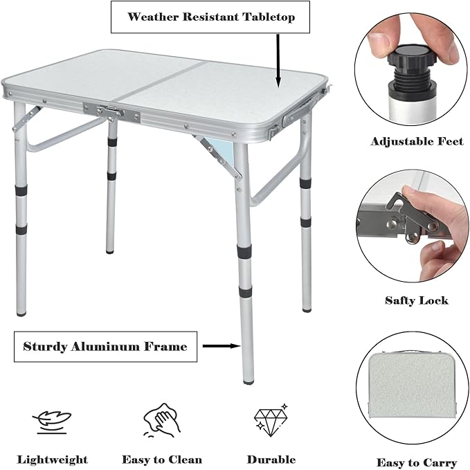 Small Folding Camping Table, 2ft Portable Picnic Table Aluminum 24" x 16" Folding Table, 3 Adjustable Heights Portable Lightweight Table Dining Table for RV, Picnic, Beach (White)
