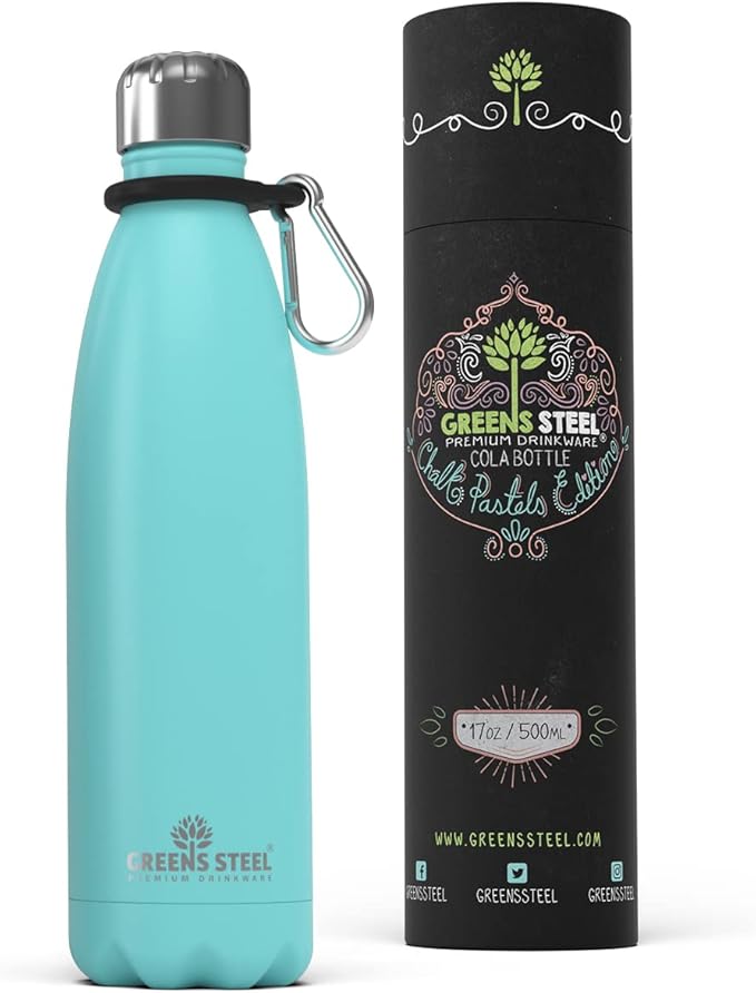 Greens Steel Stainless Steel Water Bottle - 17 oz, Blue | Vacuum Insulated Double Wall with Screw Lid/Leak Proof | Thermal Travel Sports Canteen Coffee Flask