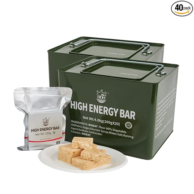 Meal Ready To Eat Emergency Food Rations, Long Self Life Survival Food Bars, High Eneger Bars for Camping, Hiking, Military，Outdoor Disaster, 40 Pack with 2 Tin Boxes