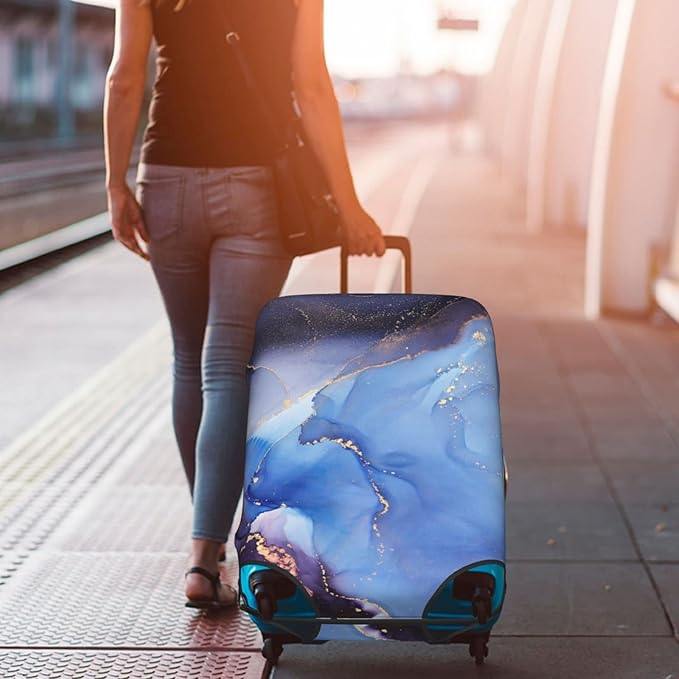 Travel Luggage Cover Protector Fits 18-21 Inch, Blue Purple Marble Elastic Washable Stretchy Anti-scratch Sleeve with Concealed Zipper for Wheeled Suitcase Travel Accessories