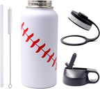 32 oz Baseball Water Bottle, Wide Mouth Sports Cup Flask Metal Travel Mug with 2 Lids, Stainless Steel Double Wall Vacuum Insulated Water Bottles, Baseball Accessories Gifts for Mom Men Fan Boys Girls