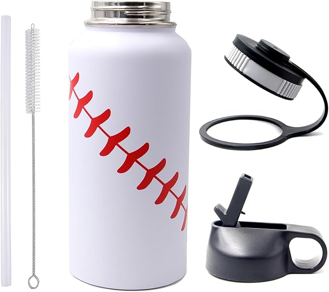 32 oz Baseball Water Bottle, Wide Mouth Sports Cup Flask Metal Travel Mug with 2 Lids, Stainless Steel Double Wall Vacuum Insulated Water Bottles, Baseball Accessories Gifts for Mom Men Fan Boys Girls