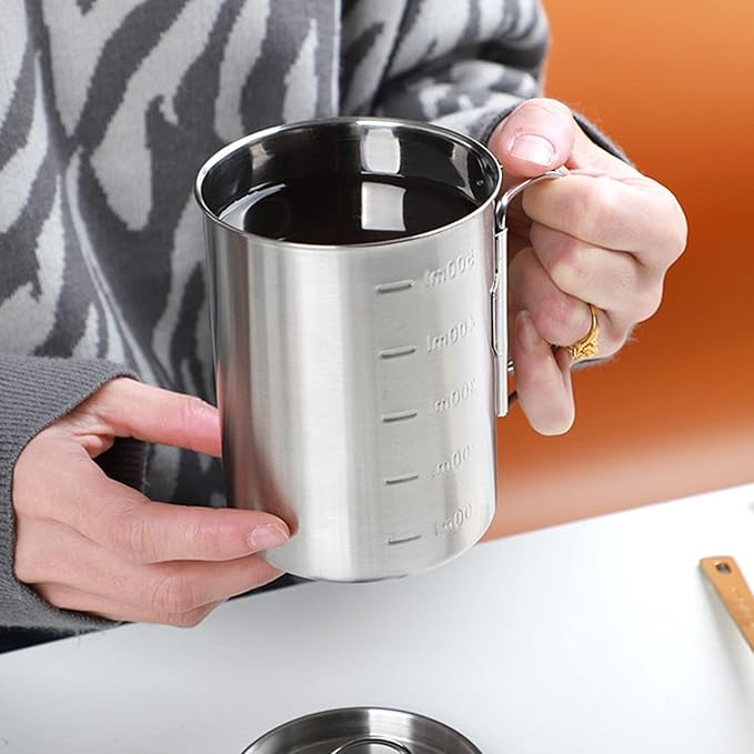 Stainless Steel Camping Cup, 17oz Fireproof Metal Cup with Lid and Foldable Handle, High Temperature Direct Heating, Great for Backpacking