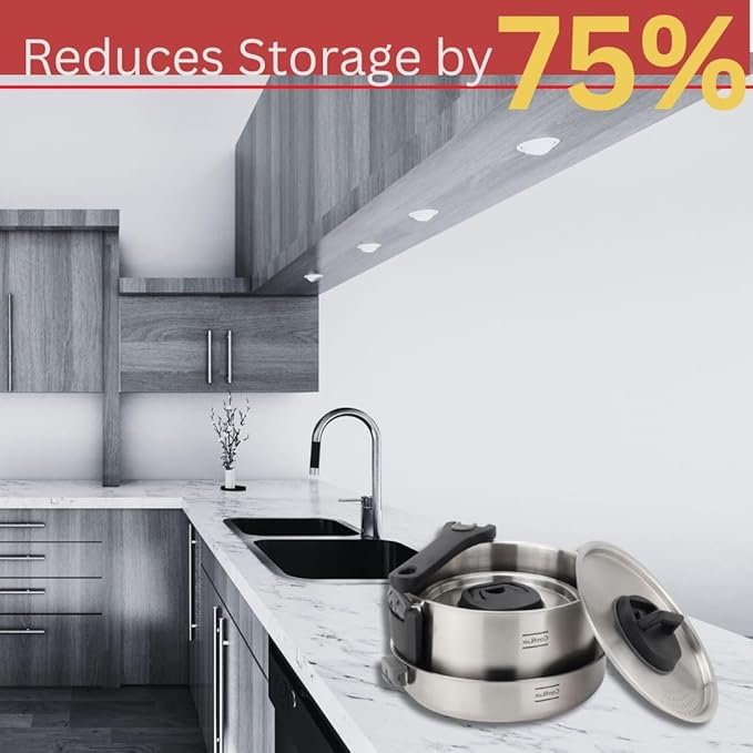 Stainless Steel Camping Kitchen Cookware - Frying Pan with Detachable Handle - Nesting Pots for Backpacking, Camp, and RV Cooking - 6 Piece Including 1.5L Frypan, 1.5L Small Pot & 3.5L Medium Pot