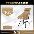 MOON LENCE High Back Folding Camping Chairs, Adjustable Height Beach Chair with Anti-Sinking Feet & Widened Seat (Khaki)