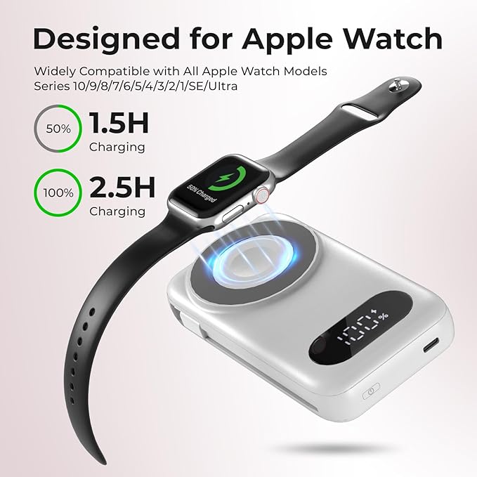 Magnetic Portable Charger 26800mAh for iPhone 16/15/14/13/12 with Built-in Cables，6-in-1 Wireless Power Bank with iWatch Charger and Compatible with Samsung, Android Phones, AirPods(White)