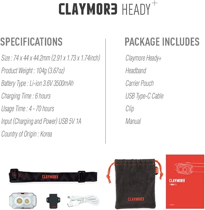 Claymore HEADY+ Black Rechargeable Wearable Light – 600 Lumens HeadlampMode 6 Light Mode 90° Adjustable Beam IP54 Water-Resistant USB-C Rechargeable Up to 70 Hrs Runtime for Camping, Running, Outdoor
