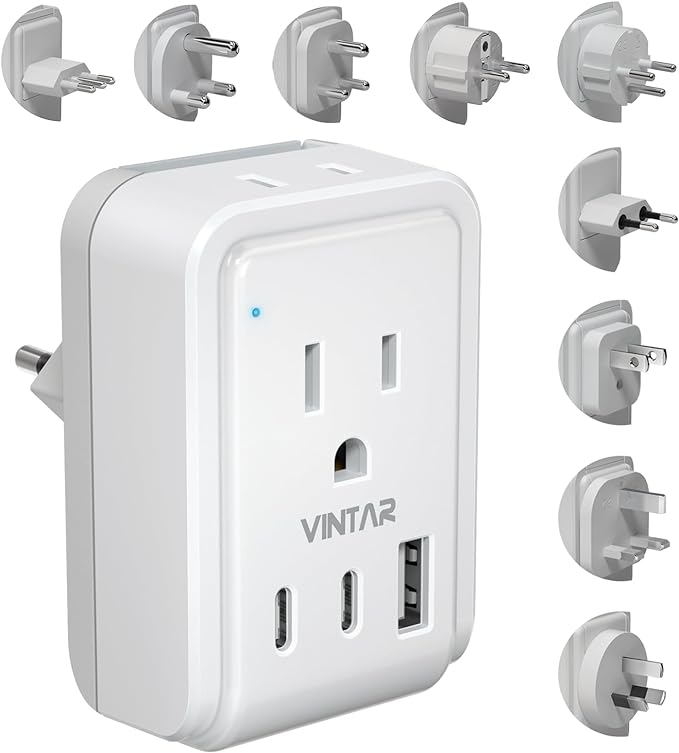 VINTAR Universal Travel Adapter Kit, International Power Adapter with 3 USB Ports (2 USB C, 3.4A) and 2 AC, Type A,C,D,E/F,G,H,I,L,M Detachable Attachments, Adapter for India/Africa/EU/UK//AU/JP/US