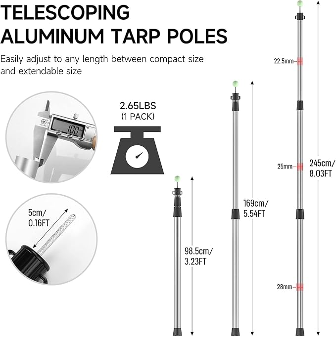 SANLIKE Tarp Poles Telescoping Tent Poles, 96" Aluminum Canopy Poles Extendable Pole for Awning Shelter Camping Backpacking Hiking Picnic, Set of 4, Silver