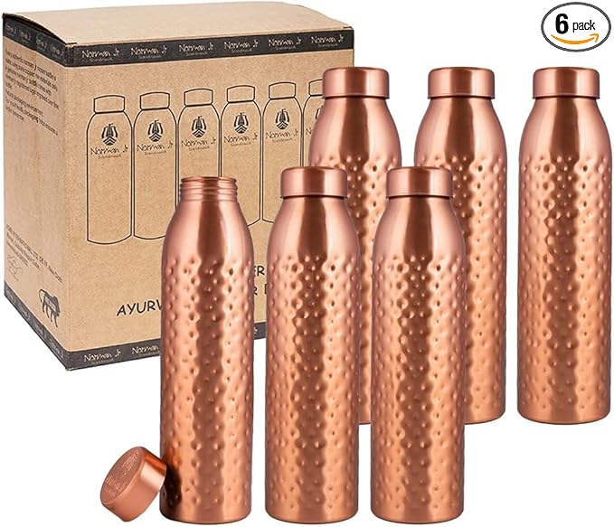 NORMAN JR, Copper Water Bottle 1L - Gift Box of 6, Hammered, an Ayurvedic vessel made from pure copper - helps you drink more water, with many health benefits