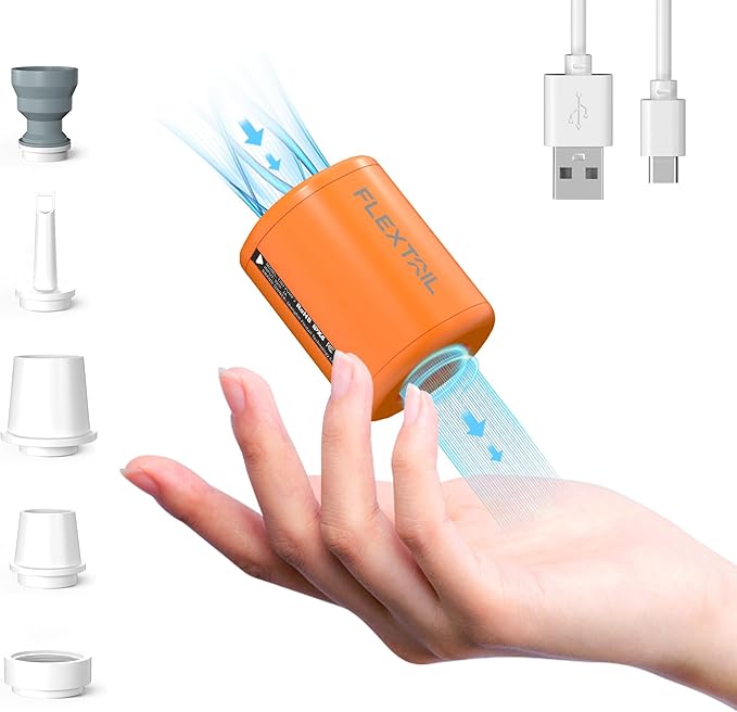 FLEXTAILGEAR Portable Air Pump - Tiny Pump 2, Electric Air Pump for Inflatables 2.8oz Battery Inflator Rechargeable Air Mattress Pump for Sleeping Pads, Pool Floats, Swimming Rings Orange