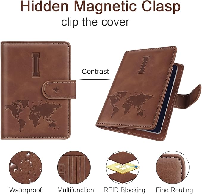 Passport Holder Wallet Cover Personalized Letter A-Z Travel Wallet RFID Blocking Passport Cover Wallet Case for Travel Passport Book Holders for Women and Men, Brown-I