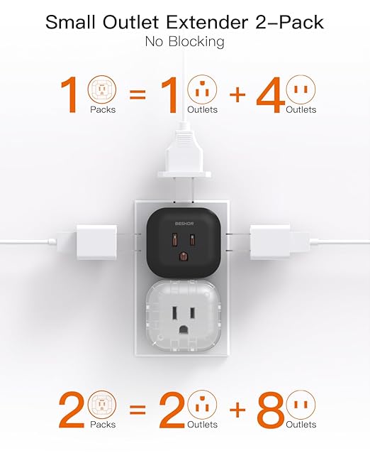 Black Multi Plug Outlet Extender 2 Pack, Wall Outlet Splitter with 5 Wall Outlets, Small Multiple Plug Extender, Cruise Essentials, Plug Adapter No Surge Protector for Cruise Ship Home Office Dorm