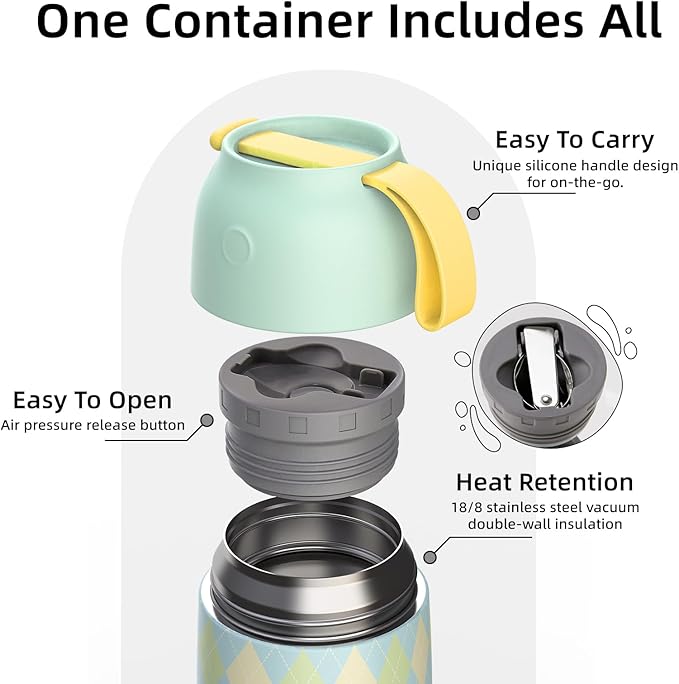 Thermo for Hot Food for Adults Kids | Wide Mouth, 26 oz Insulated Food Jar with Spoon, Leakproof Soup Thermo for School Office Travel, Thermal Steel Lunch Container Easy to Carry (Green)