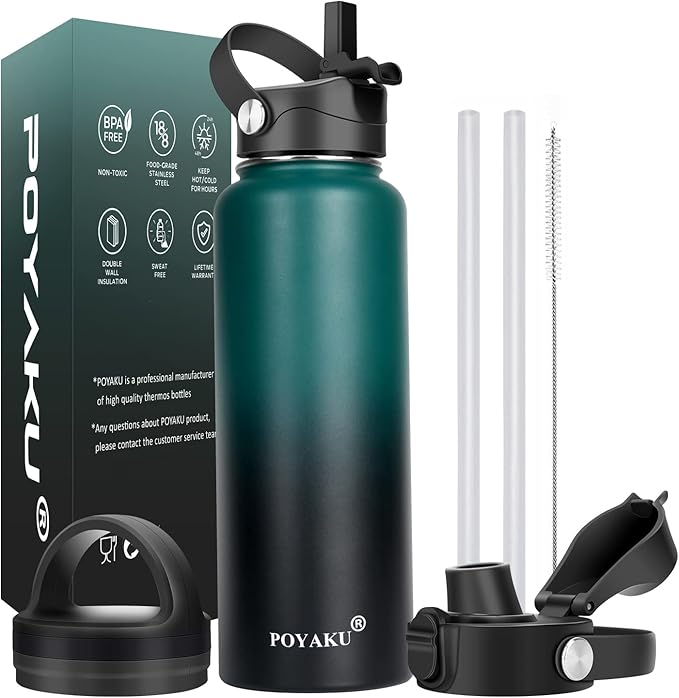 Water Bottle Insulated 32oz 40oz 64oz 128oz Straw Lid Spout Lid & 3 Lids, Leak Proof, Vacuum Insulated,Stainless Steel Water Bottle Wide Mouth for Sports, Gym or Office