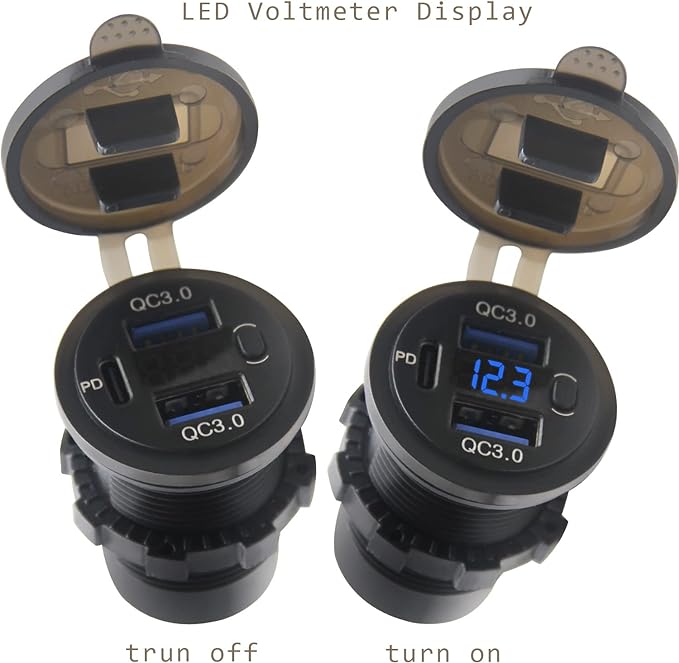 Dual USB Quick Charge 3.0 Port & PD USB C Car Charger Socket, 12V USB Outlet with Voltmeter and Power Switch for Car Boat Marine Truck