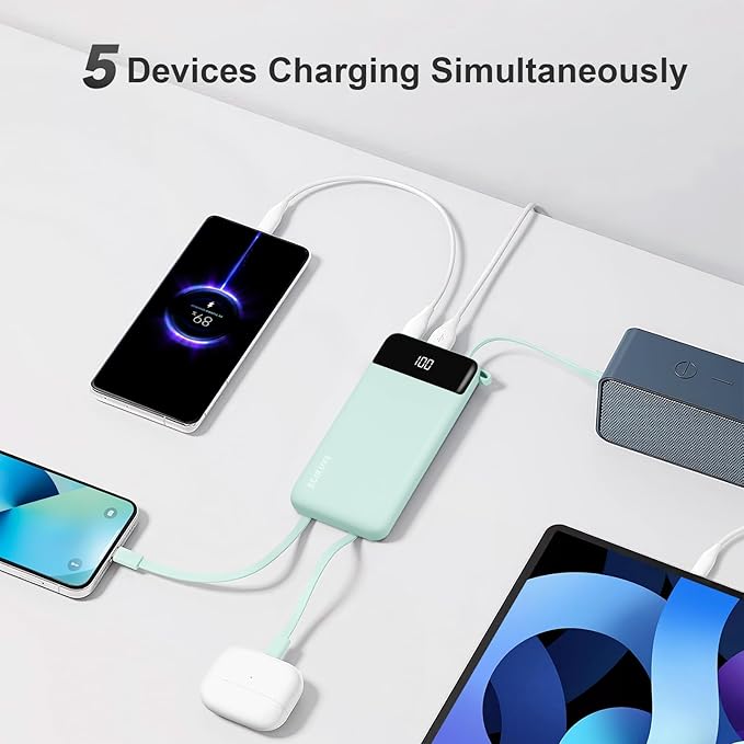 Power Bank 10000mAh Portable Charger with 4 Built-in Cables, Type-C in & Out Phone Charger, External Battery Charger Pack & Travel Essential for iPhone 16/15/14, Samsung, iPad, Android