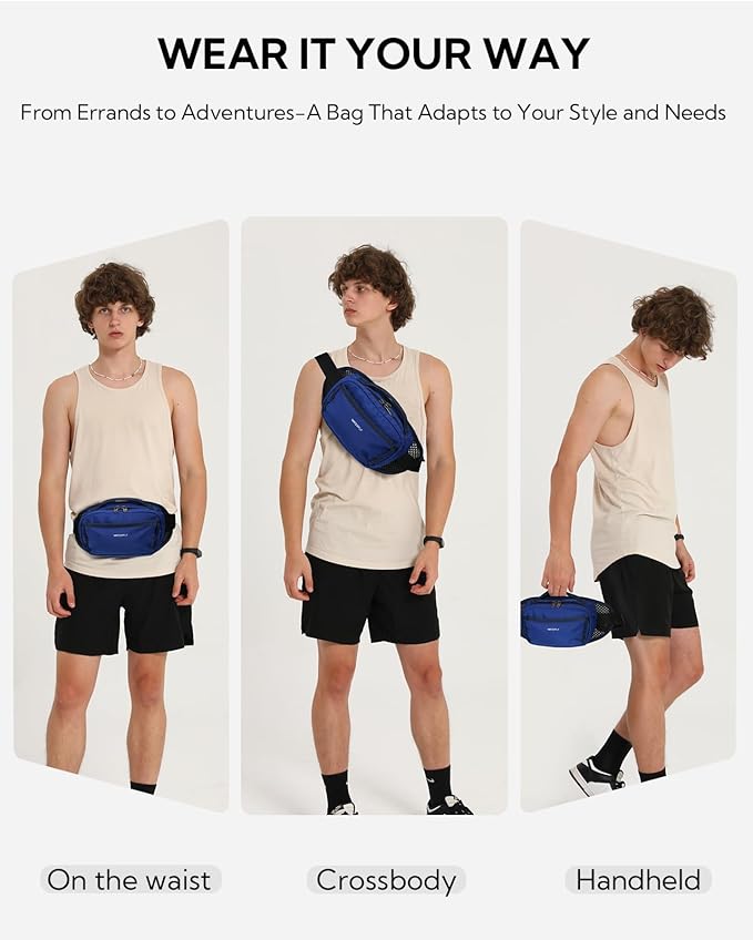 WATERFLY Fanny Pack Waist Bag: Large RFID Blocking Crossbody Bags with Multi-Pockets, Breathable Casual Anti-Theft Hip Pouch for Women Men Traveling Walking Hiking-Navy Blue