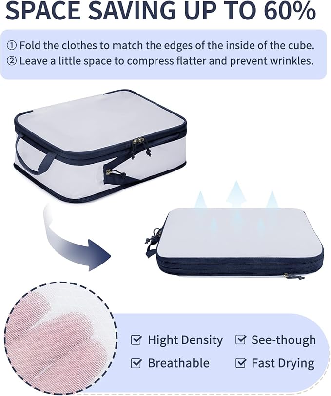 ECOHUB 6 Set Compression Packing Cubes, Lightweight Cruise Ship Vacation Travel Essentials, Durable Travel Accessories for Suitcase Luggage Organizer Bags Set with YKK Zippers Shoe Bag, Dark Blue